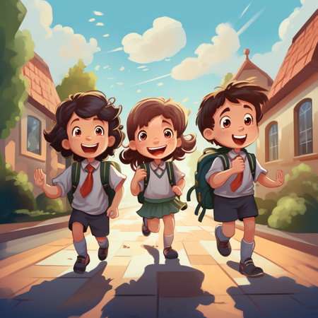 Happy school kids running in the street. Vector illustration of a cartoon school kids.の素材