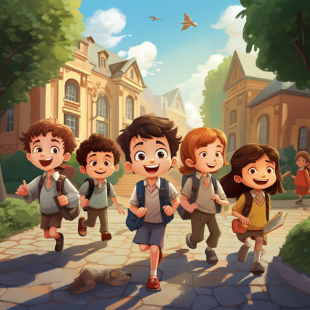 Happy school kids walking in the street. Cartoon style vector illustration.の素材