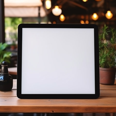 Tablet with blank screen on wooden table in cafe, stock photoの素材