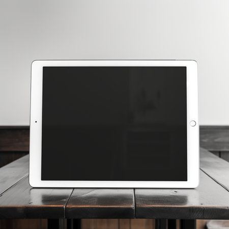 Tablet computer on wooden table with white wall background, stock photoの素材