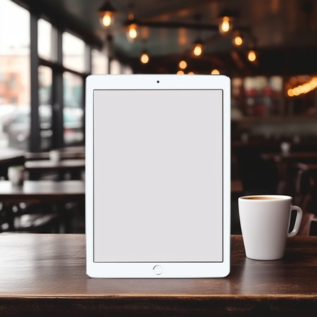 Tablet pc with blank screen and coffee cup on wooden table in cafeの素材