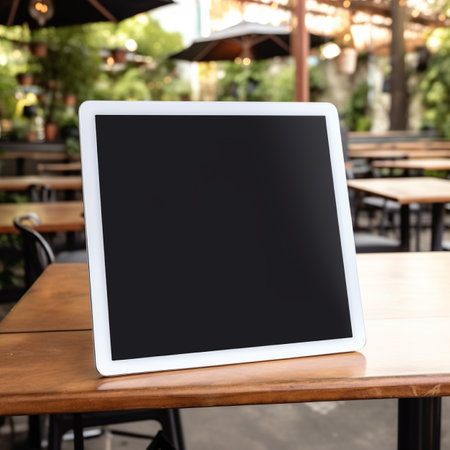 Tablet pc with blank screen on wooden table in coffee shop cafeの素材