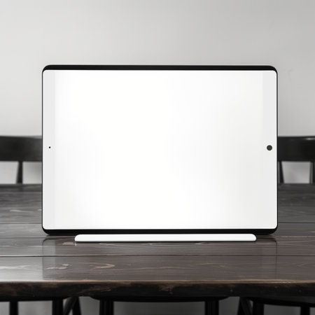 Laptop with blank screen on wooden table. Mock up, 3D Renderingの素材