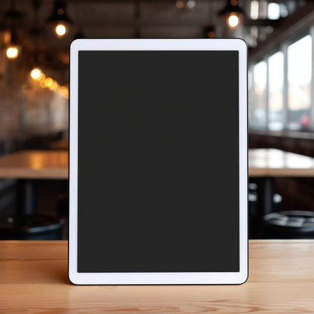 Tablet pc with blank black screen on wooden table in coffee shopの素材