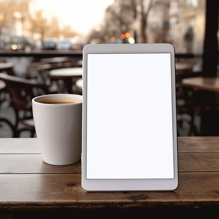 Mockup image of tablet pc with blank white screen and coffee cup on wooden table in cafeの素材