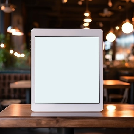 Mockup image of tablet pc with blank white screen on wooden table in cafeの素材