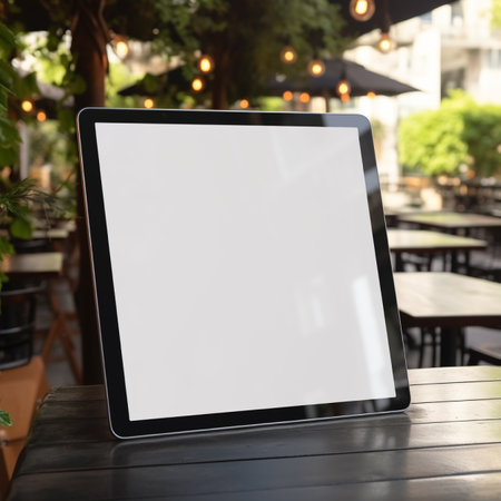 Mockup image of tablet pc with blank white screen on wooden table in cafeの素材