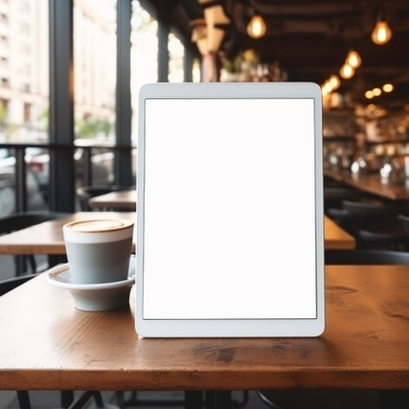 Mockup image of tablet pc with blank white screen and coffee cup on wooden table in cafeの素材