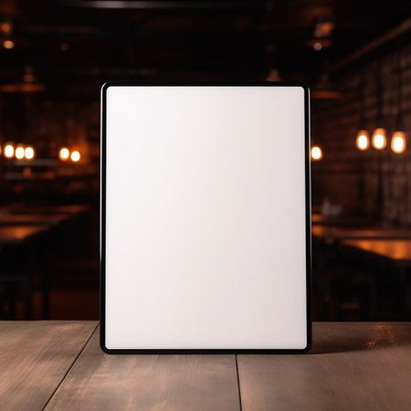 Tablet with blank screen on wooden table in cafe. Mock up, 3D Renderingの素材