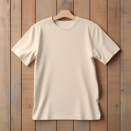 Blank t-shirt on hanger on wooden background, 3d renderの素材