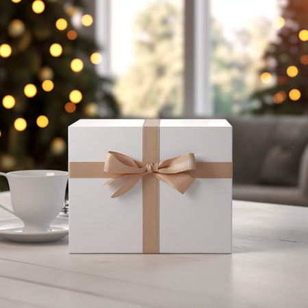 Gift box with bow on table in living room, closeupの素材
