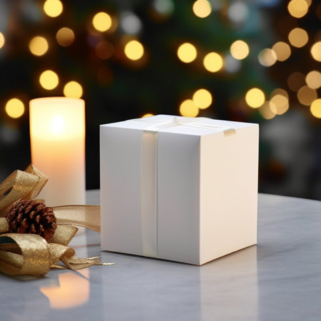 Christmas gift box with burning candle on table against blurred lights, closeupの素材