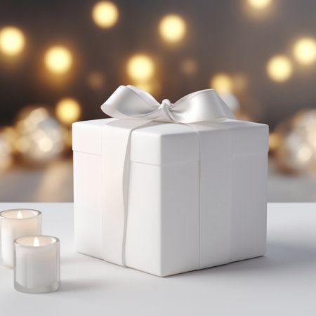 White gift box with ribbon bow and burning candles on bokeh backgroundの素材