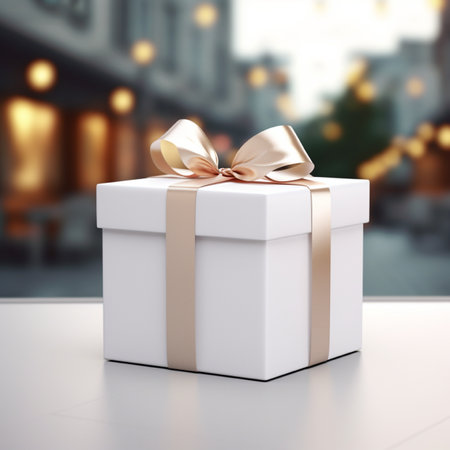 White gift box with gold ribbon on the table. 3d renderの素材