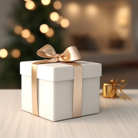 White gift box with gold bow on wooden table in front of defocused lightsの素材