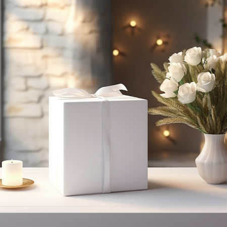 White gift box with a ribbon and flowers in a vase on the table. 3d renderingの素材