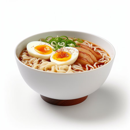 Japanese ramen noodle soup with boiled egg in bowl isolated on white backgroundの素材