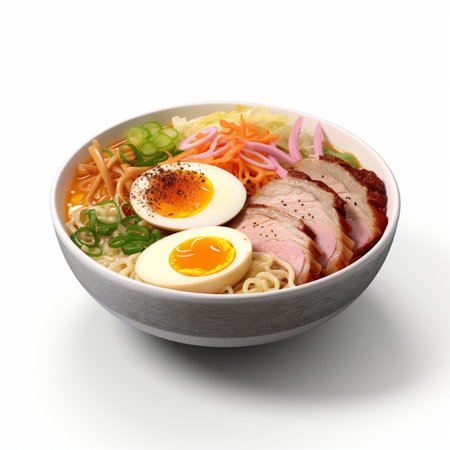 Japanese ramen noodle soup with pork and egg on white backgroundの素材