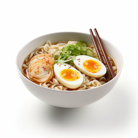 Japanese ramen noodle soup with egg in bowl on white backgroundの素材