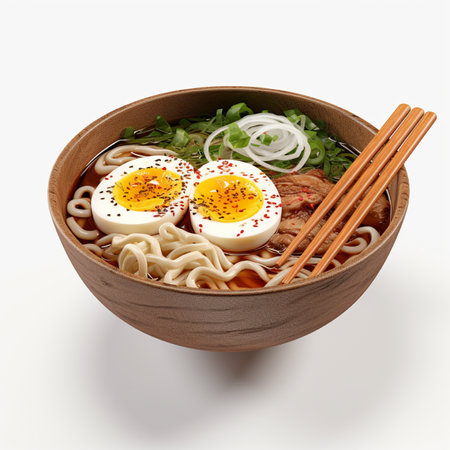 Japanese ramen noodle soup with egg in wooden bowl isolated on white backgroundの素材