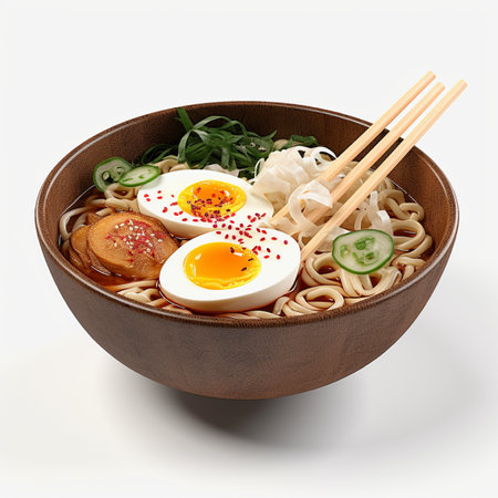 Bowl of udon noodles with egg and vegetables on white backgroundの素材