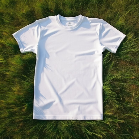 White t-shirt on green grass. T-shirt mockupの素材