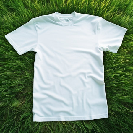 White t-shirt on green grass, top view. Mock upの素材