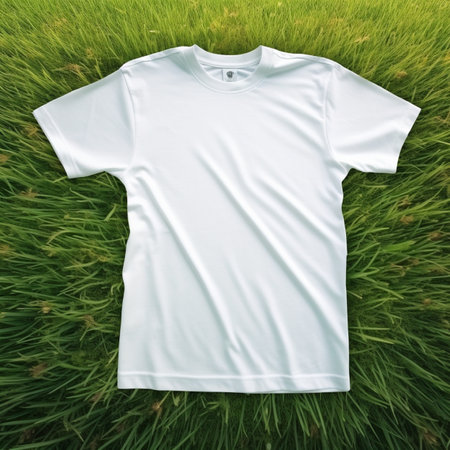White t-shirt on the green grass. 3d rendering.の素材