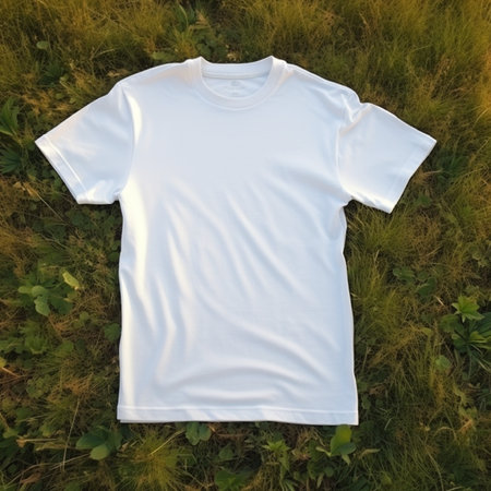 White t-shirt on the grass in the park. Top view.の素材