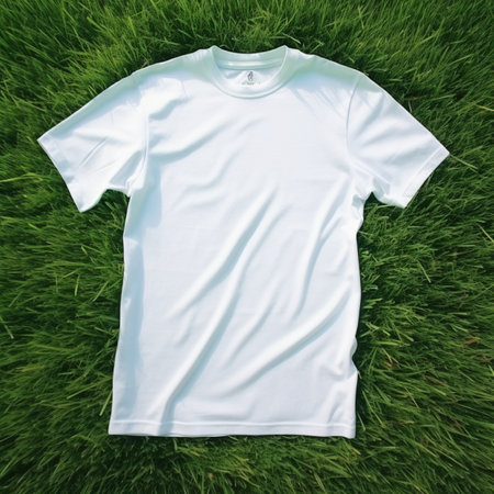 White t-shirt on green grass. Top view. Flat lay.の素材