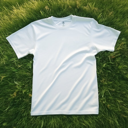 White t-shirt on green grass. T-shirt mockupの素材