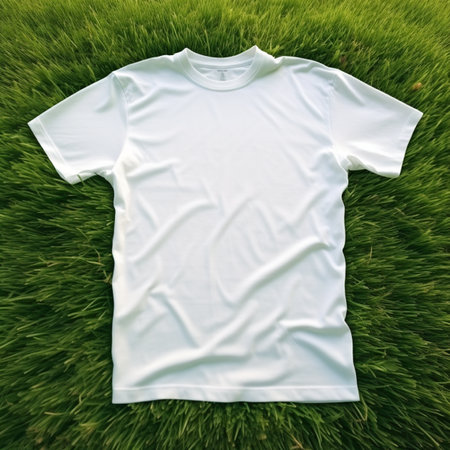 White t-shirt on green grass background. Top view. Copy space.の素材