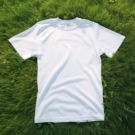 White t-shirt on green grass. Top view. Copy space.の素材