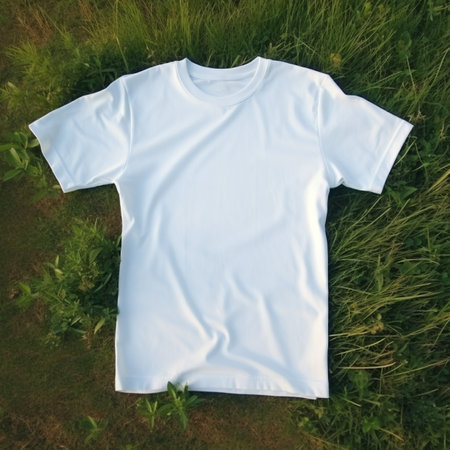 White t-shirt on the grass in the field, top viewの素材