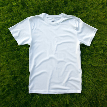 White t-shirt on green grass. Top view with copy spaceの素材