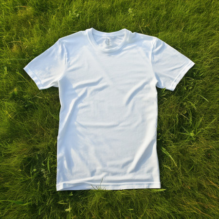 White t-shirt on green grass. T-shirt mockupの素材