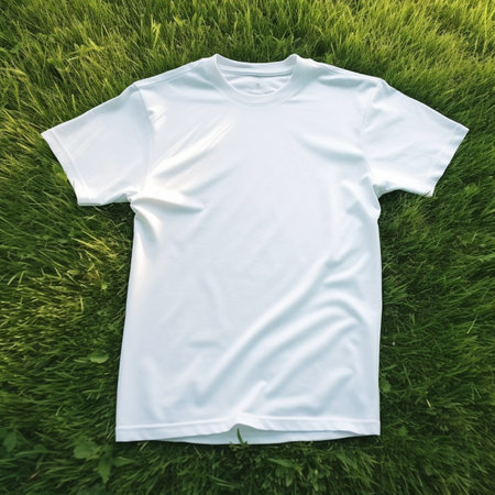 White t-shirt on green grass. Top view with copy spaceの素材