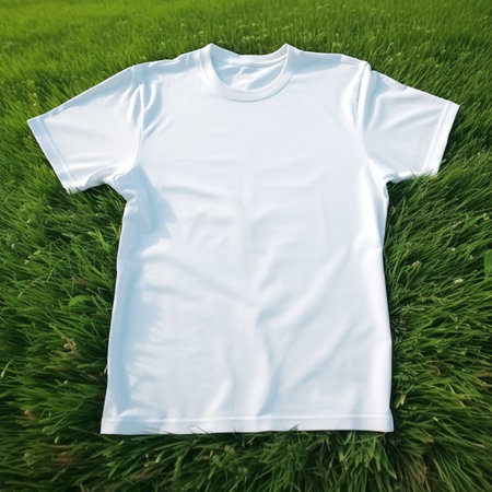 White t-shirt on the green grass. T-shirt mockupの素材