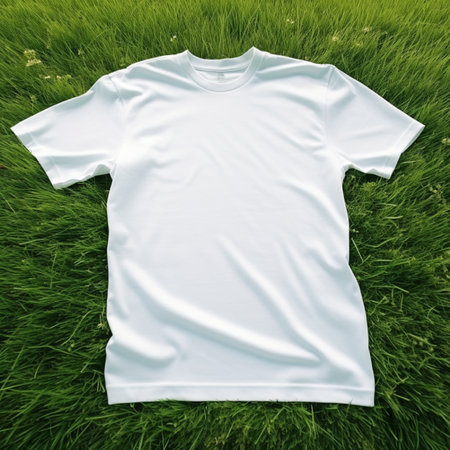 White t-shirt on green grass. T-shirt mockup.の素材
