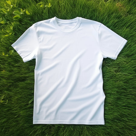 White t-shirt on green grass. Top view, flat layの素材