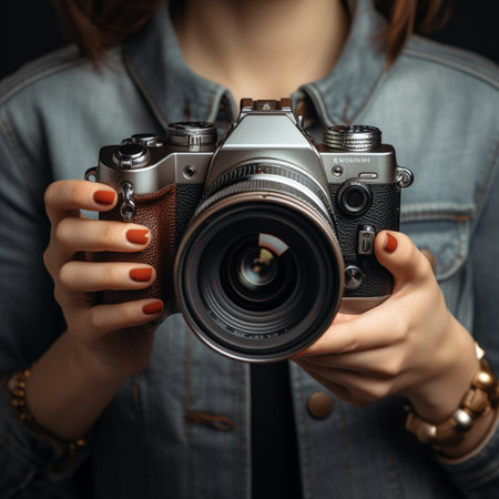 Closeup of female hands holding retro camera. Focus on camera.の素材