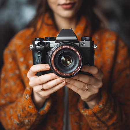 Young woman in a warm sweater holds a retro camera in her handsの素材