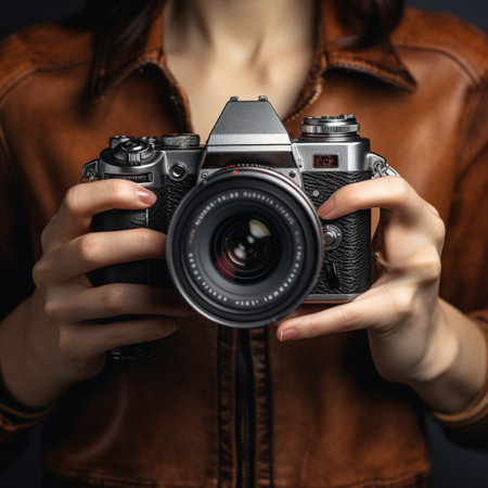Female hands holding a vintage camera on a dark background close-upの素材