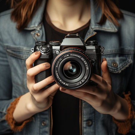 Cropped image of woman holding retro camera in hands. Focus on camera.の素材