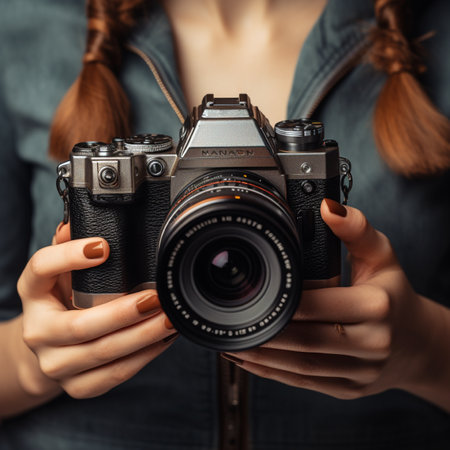 Close-up of a camera in the hands of a girl.の素材