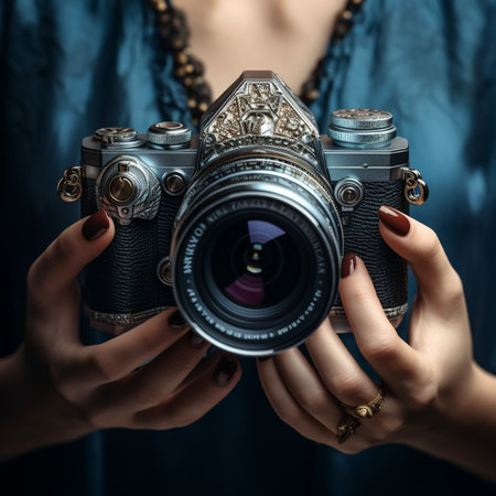 Old camera in the hands of a girl in a blue dress.の素材