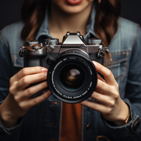 Close-up of a female photographer holding a camera in her handsの素材