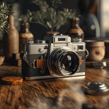 Vintage camera on a wooden table. Vintage camera on a wooden table.の素材