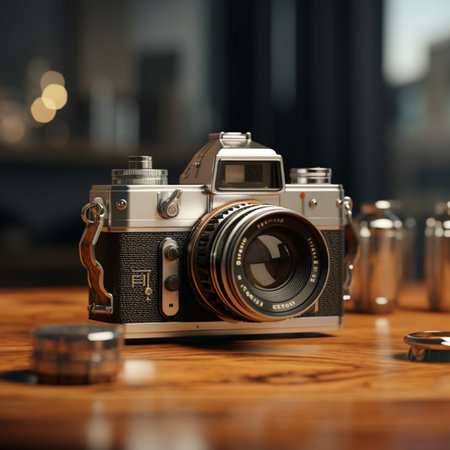 Vintage camera on a wooden table. 3d rendering mock upの素材