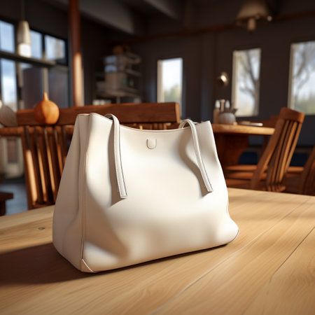 Luxury white leather handbag on a wooden table. 3d renderingの素材